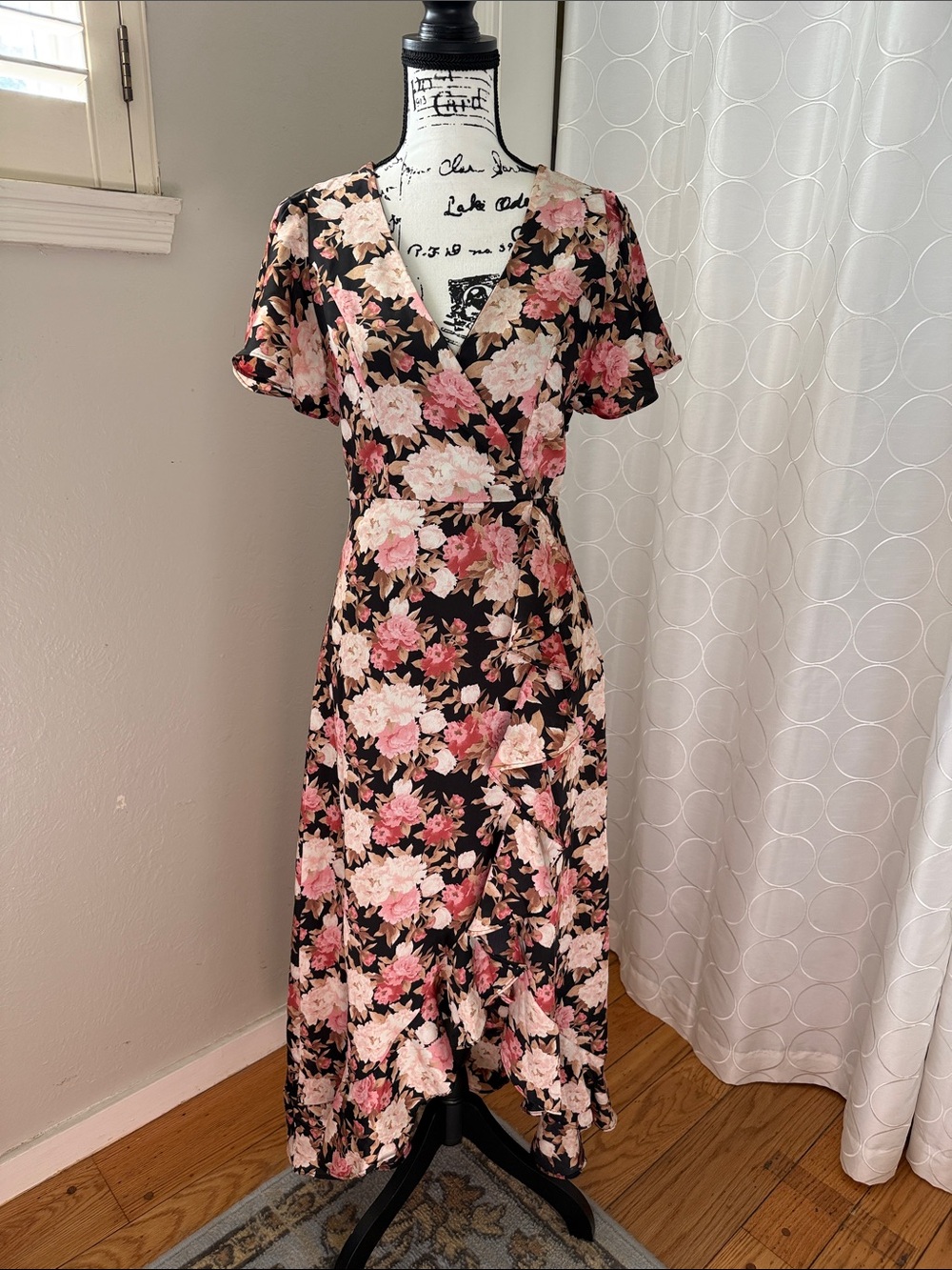 Dress Forum Black Floral Wrap Midi Dress with Pink Blooms